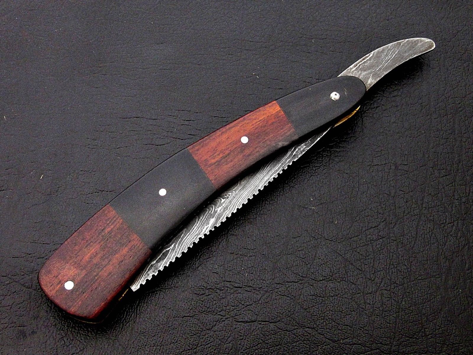 BEAUTIFUL CUSTOM HANDMADE DAMASCUS SHAVING RAZOR HANDLE ROSE WOOD & BULL HORN - SUSA KNIVES