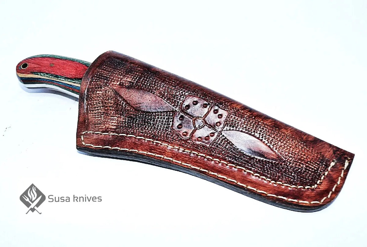 HAND FORGED DAMASCUS STEEL BULL CUTTER/COWBOY KNIFE & PUKKA WOOD HANDLE - SUSA KNIVES