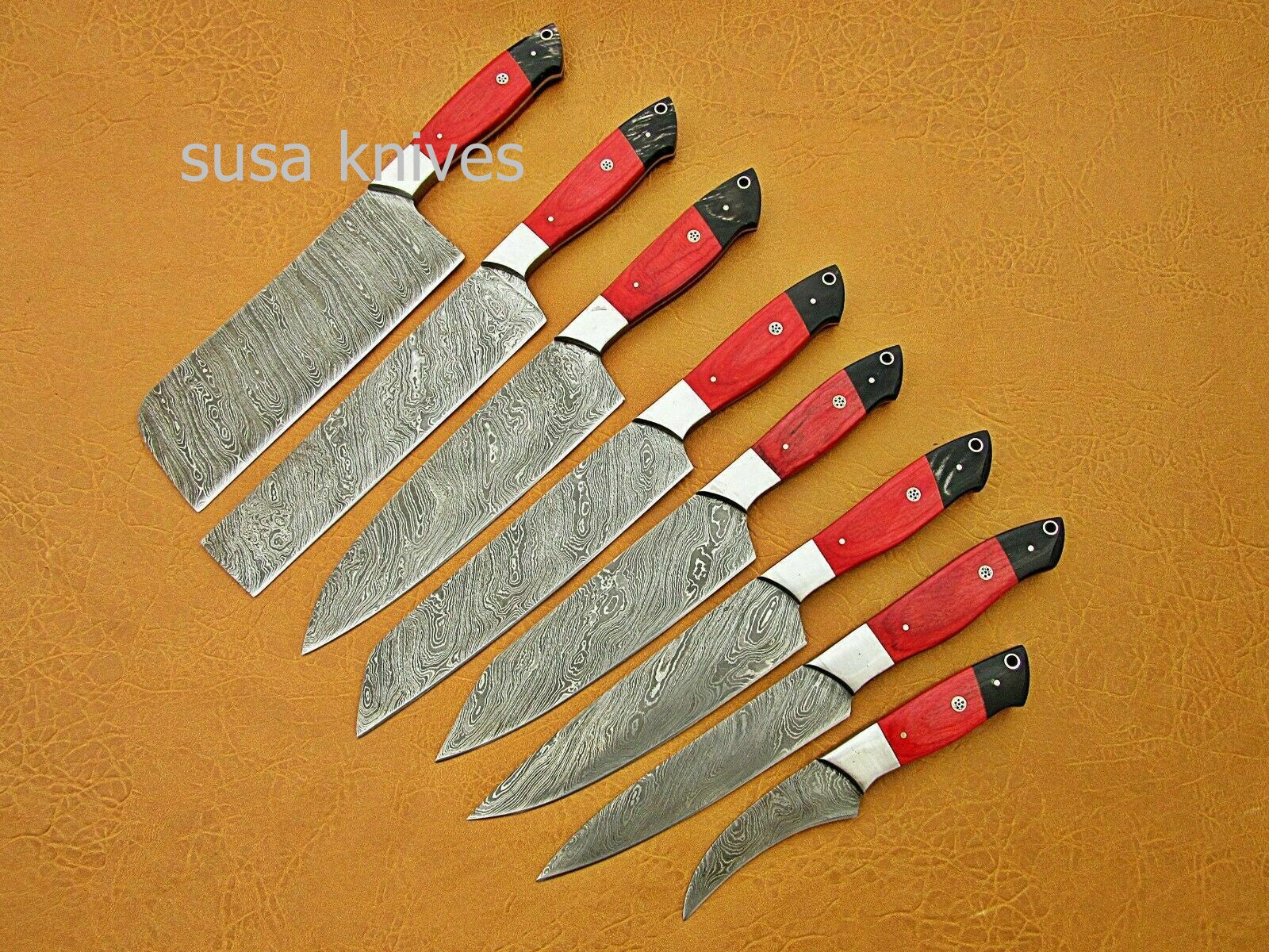 CUSTOM HANDMADE DAMASCUS STEEL CHEF SET/KITCHEN 8 PCS ROSEWOOD ,BUFFALO HORN - SUSA KNIVES