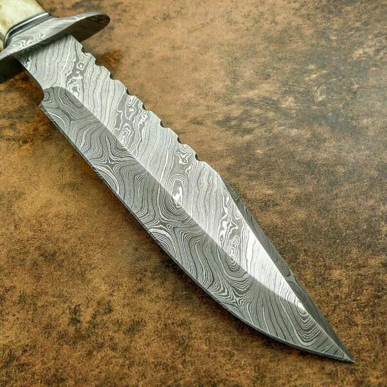 CUSTOM DAMASCUS BOWIE HUNTING KNIFE - DAMASCUS GUARD - STAG CROWN ANTLER HANDLE - SUSA KNIVES