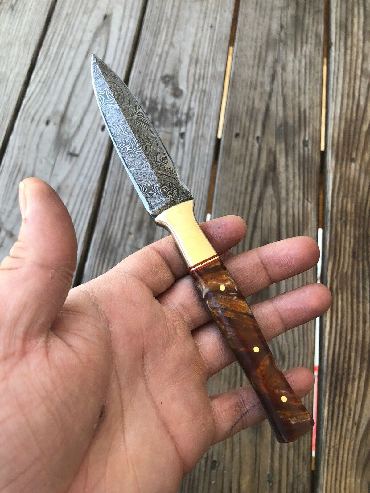 HAND FORGED DAMASCUS STEEL DAGGER BOOT Throwing Knife Resin & Brass Handle - SUSA KNIVES