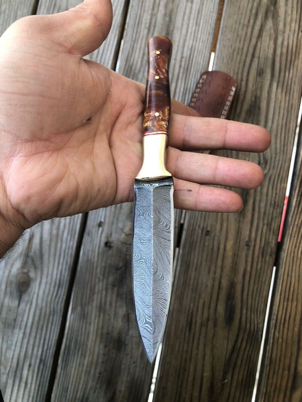 HAND FORGED DAMASCUS STEEL DAGGER BOOT Throwing Knife Resin & Brass Handle - SUSA KNIVES