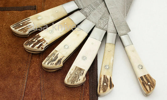 CUSTOM MADE DAMASCUS BLADE 6Pc's. KITCHEN KNIVES SET- With Case/Roll Bag - SUSA KNIVES