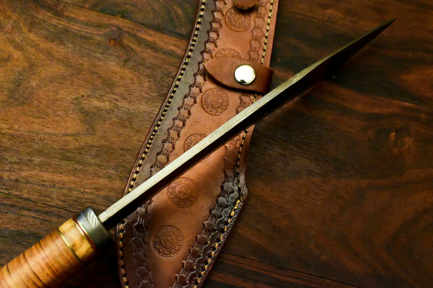 Custom Handmade Damascus Steel Bowie Knife | Sheath | Leather Roll Handle - SUSA KNIVES