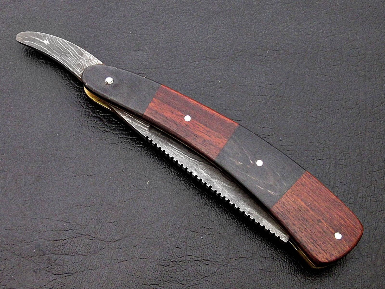 BEAUTIFUL CUSTOM HANDMADE DAMASCUS SHAVING RAZOR HANDLE ROSE WOOD & BULL HORN - SUSA KNIVES