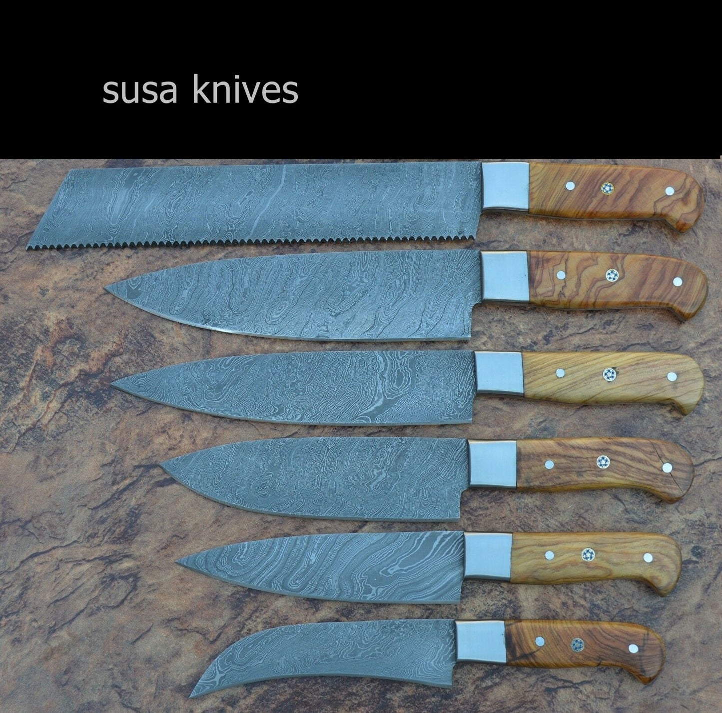 Damascus steel 6 piece CHEF KNIFE SET, OLIVE WOOD handle - SUSA KNIVES