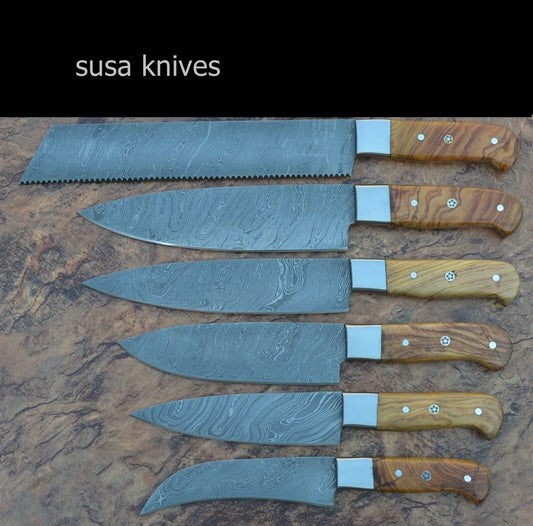 Damascus steel 6 piece CHEF KNIFE SET, OLIVE WOOD handle - SUSA KNIVES
