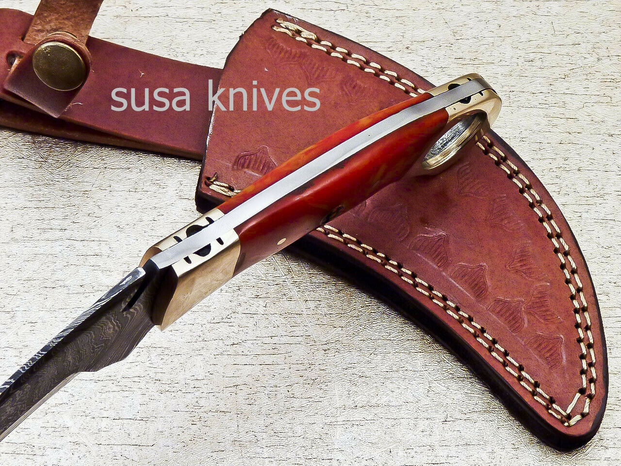 SUPERB CUSTOM HAND FORGED DAMASCUS STEEL KARAMBIT KNIFE CORIAN MATERIAL - SUSA KNIVES