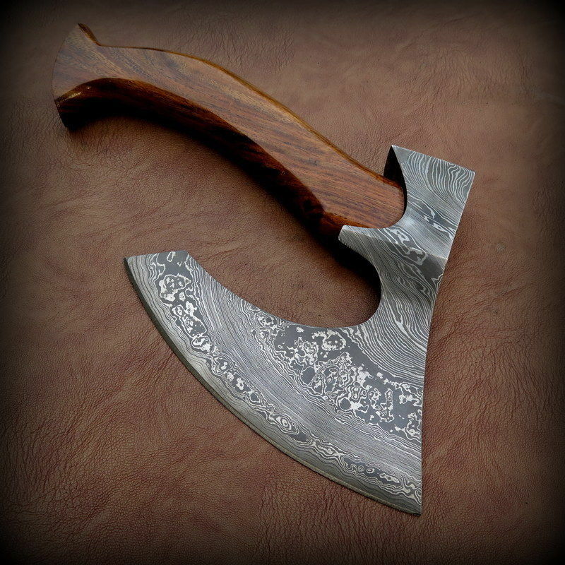 CUSTOM HAND FORGED DAMASCUS STEEL WALNUT WOOD TOMAHAWK AXE WITH LEATHER SHEATH - SUSA KNIVES