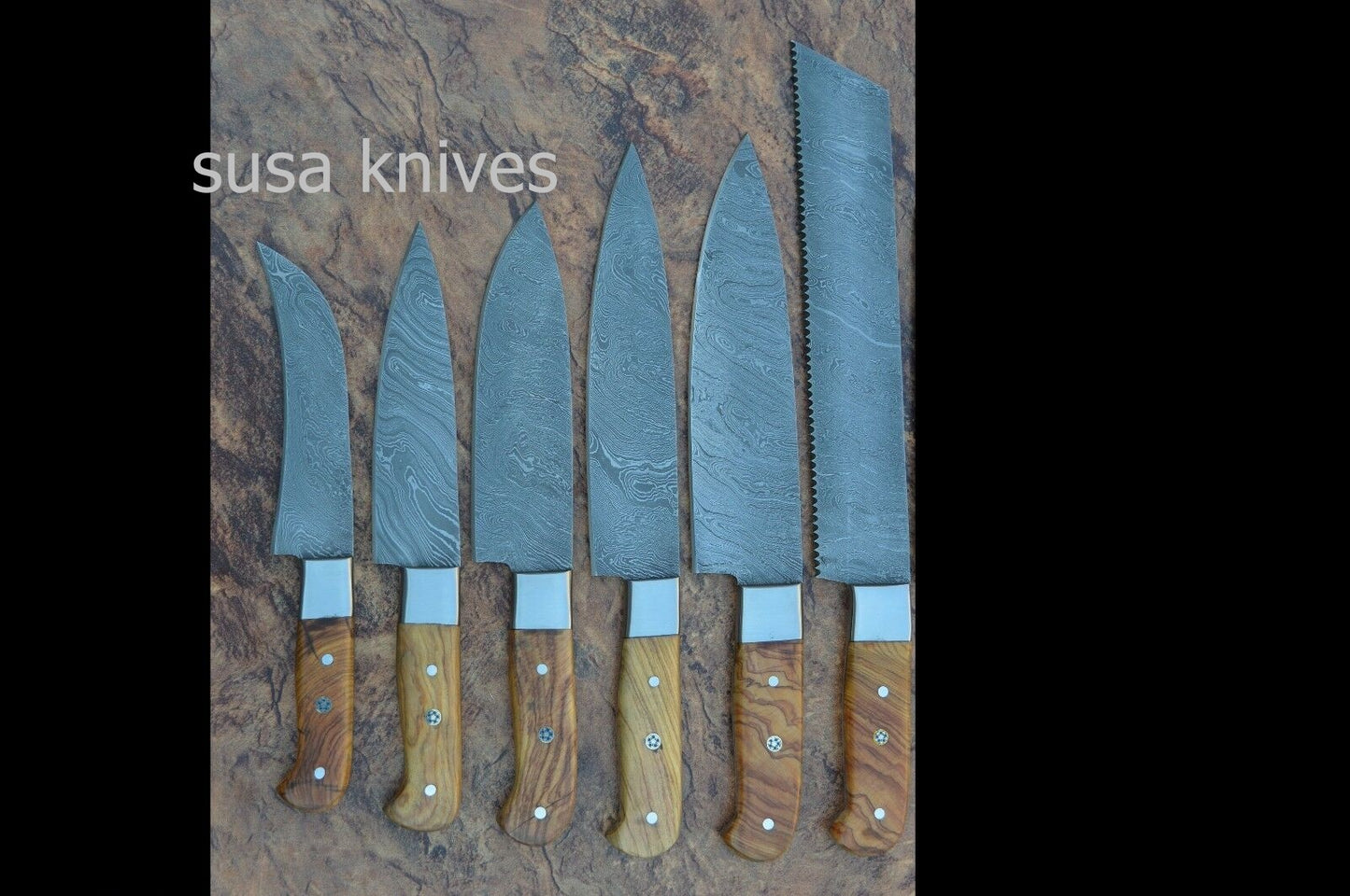 Damascus steel 6 piece CHEF KNIFE SET, OLIVE WOOD handle - SUSA KNIVES
