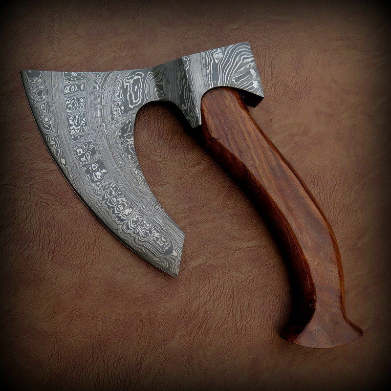 CUSTOM HAND FORGED DAMASCUS STEEL WALNUT WOOD TOMAHAWK AXE WITH LEATHER SHEATH - SUSA KNIVES