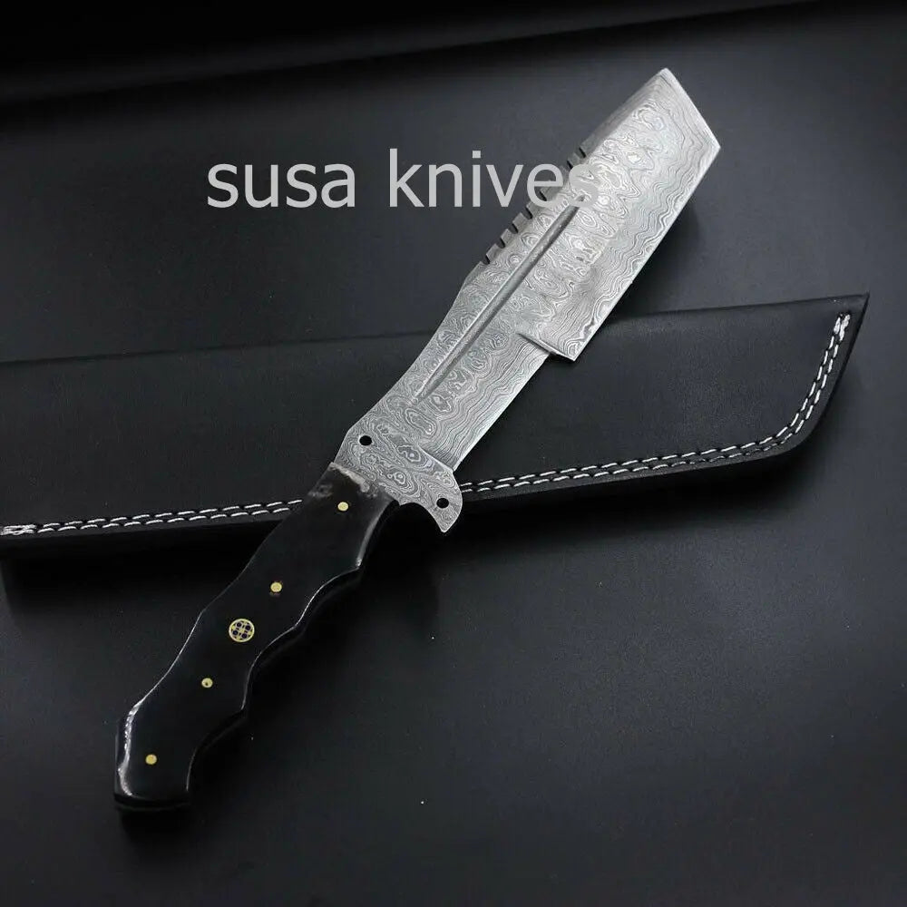 CUSTOM HANDMADE DAMASCUS STEEL TRACKER KNIFE WITH LEATHER SHEATH - SUSA KNIVES