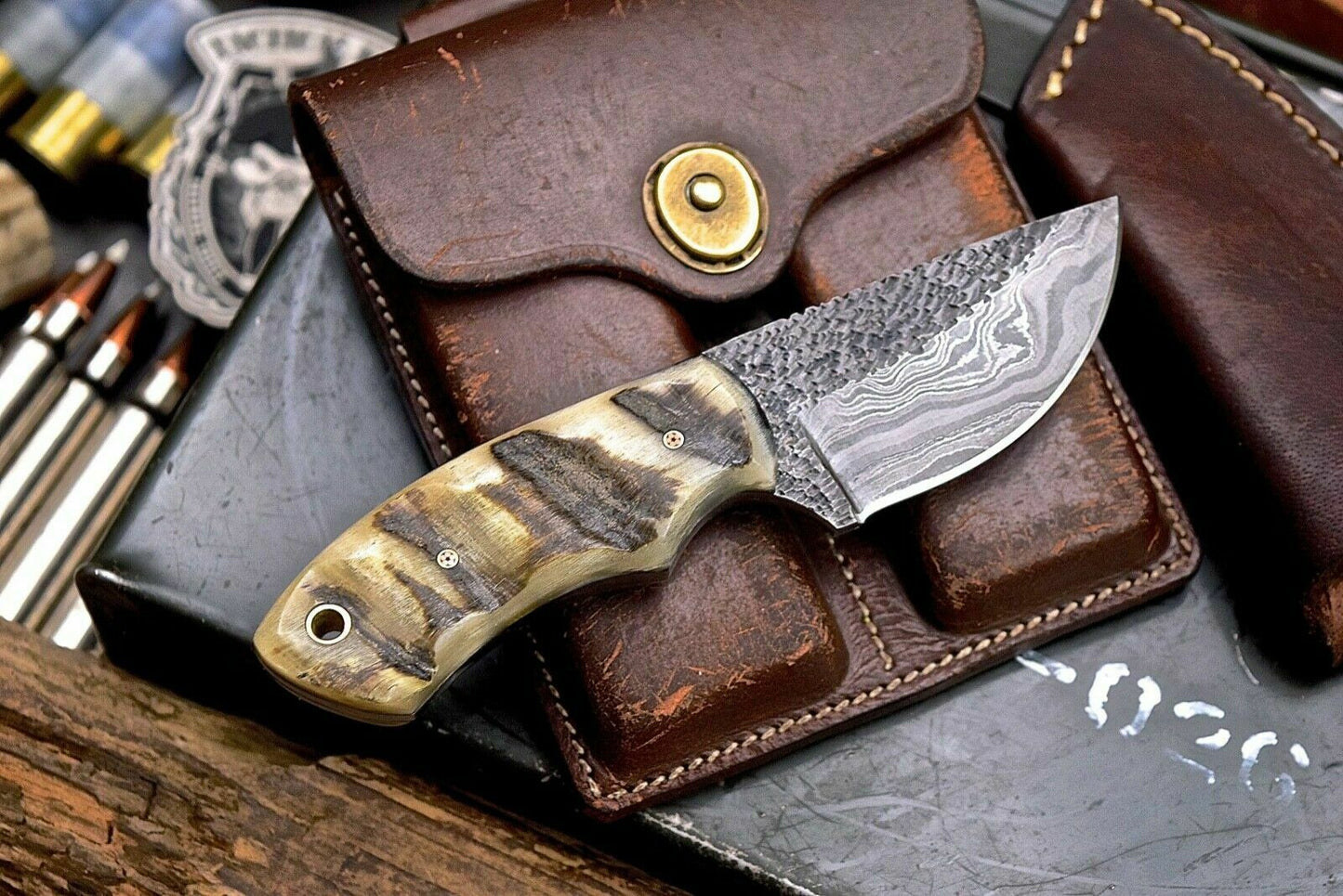 Handmade Twist Damascus Custom Sheep Horn Small Skinning Hunting Knife - SUSA KNIVES