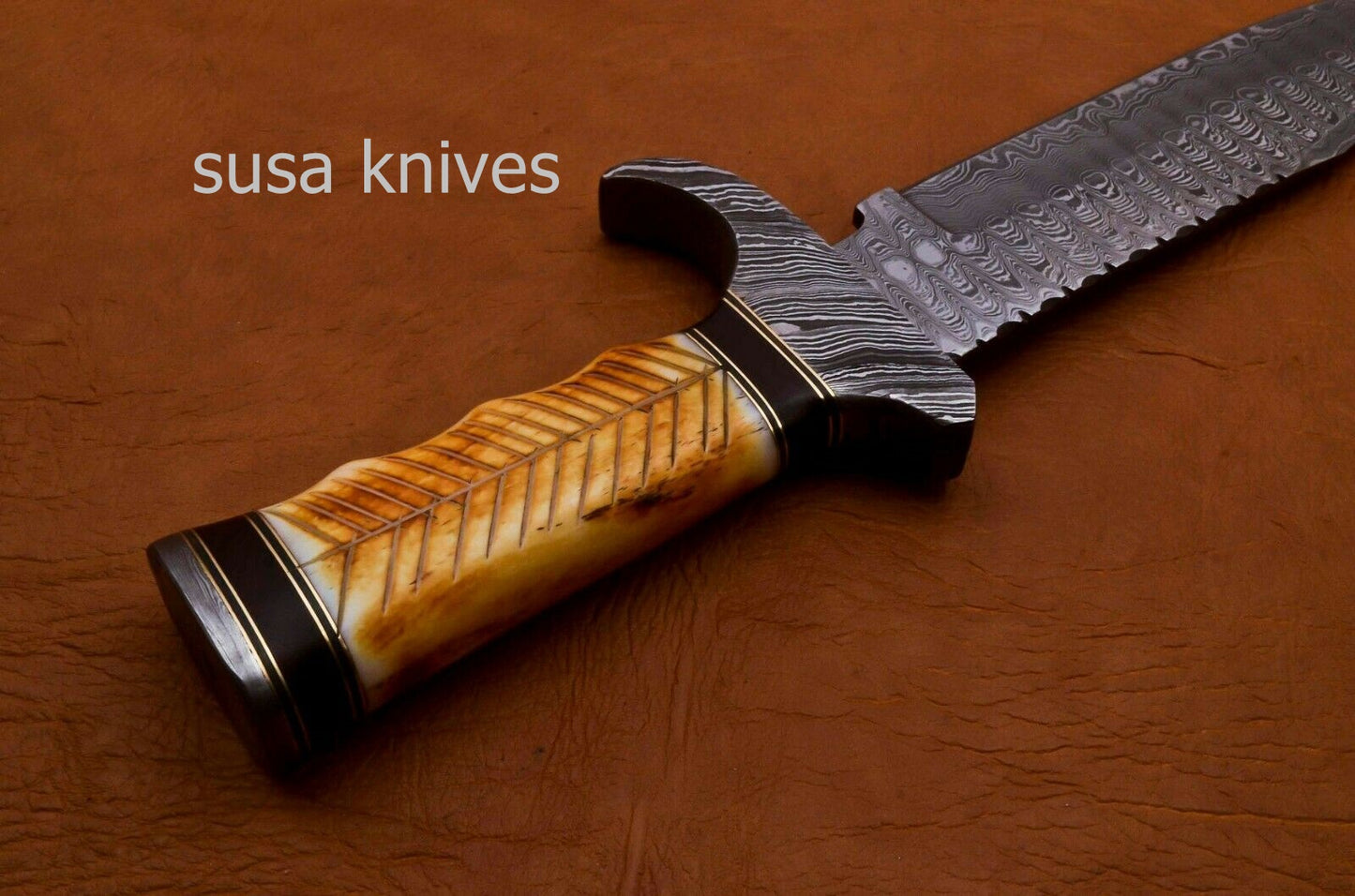 Handmade Damascus Steel Bowie Knive -Cammel Bone & Rose Wood Handle - SUSA KNIVES
