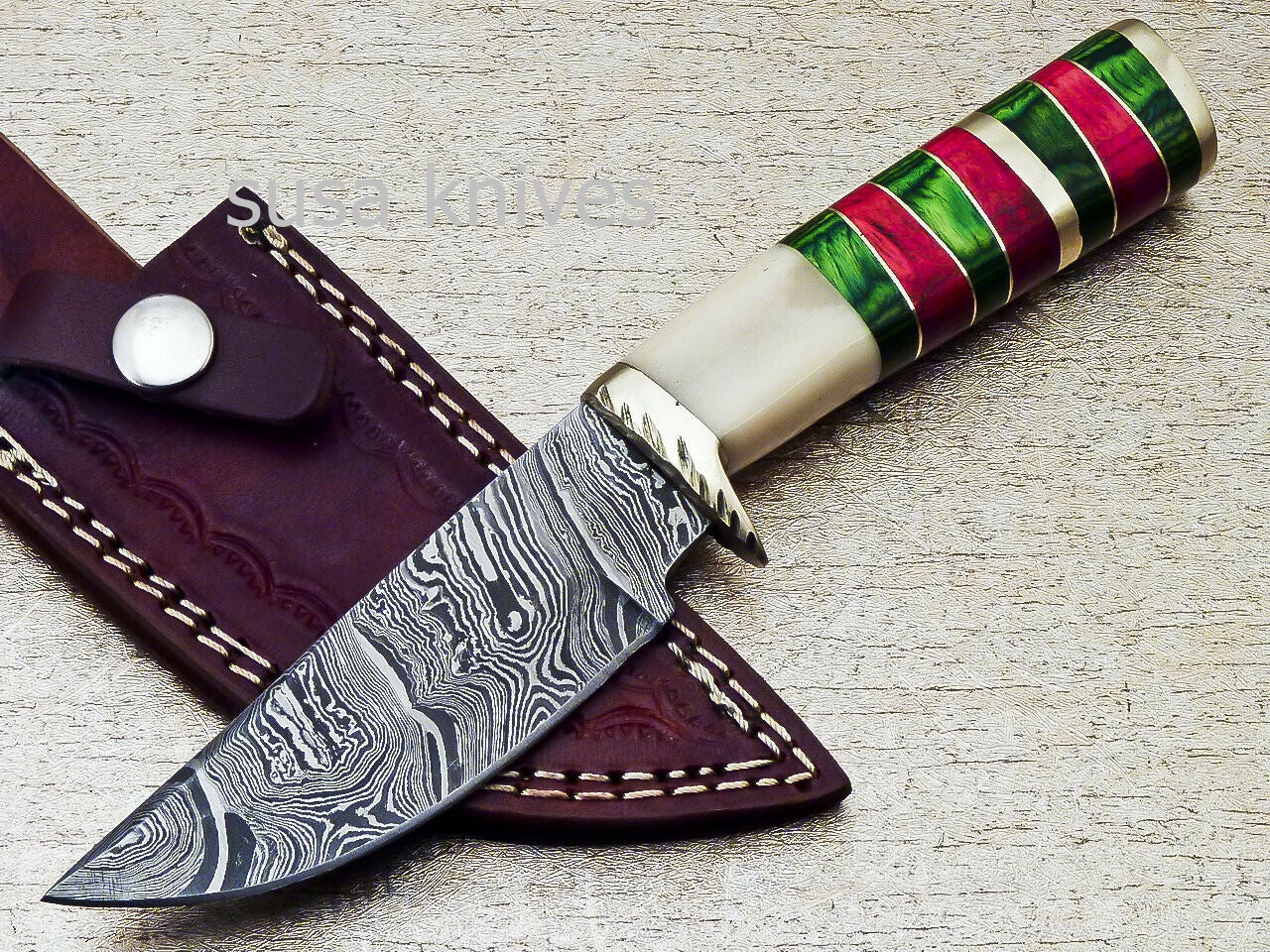 HANDMADE DAMASCUS 8.0" HUNTING KNIFE WITH CAMEL BONE HANDLE - SUSA KNIVES
