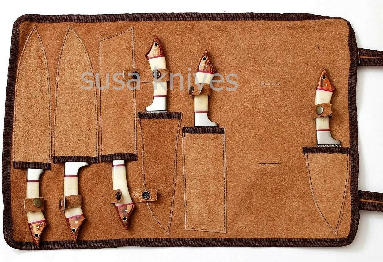 Custom made damascus steel 6Pc's kitchen/chef knife set with Leather rol bag - SUSA KNIVES