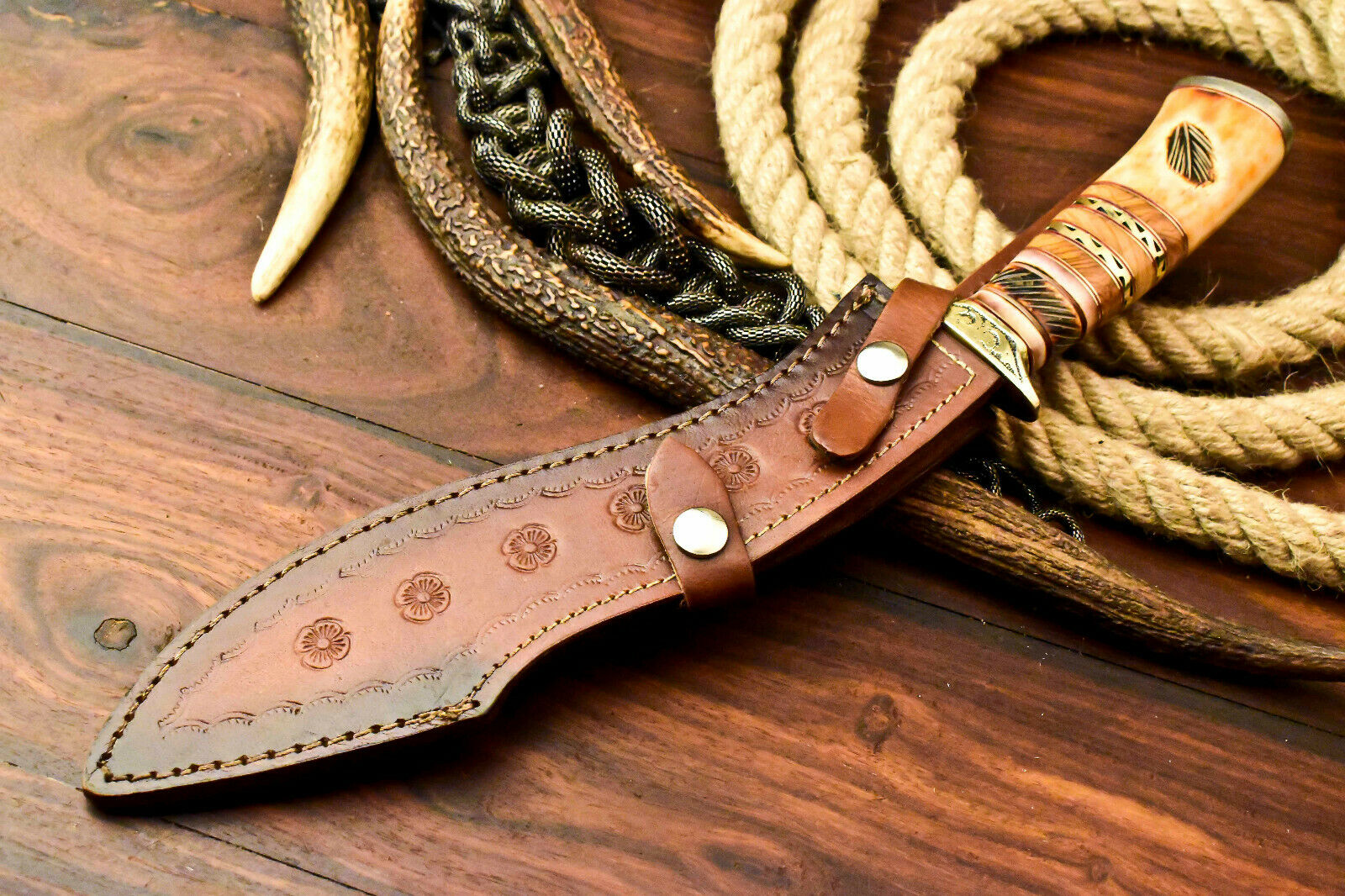 Custom Handmade Damascus Kukri Hunting Knife | Farms Camel Bone - SUSA KNIVES