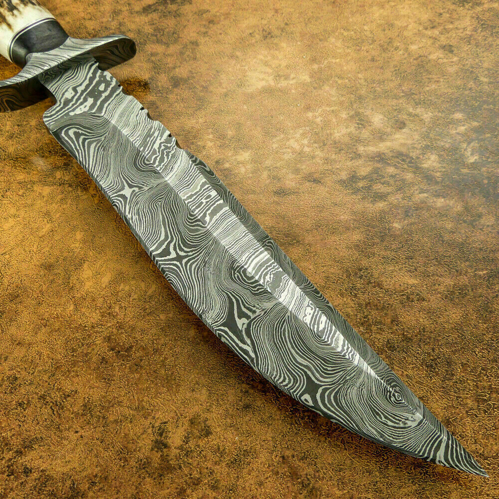 CUSTOM DAMASCUS BOWIE HUNTING KNIFE - DAMASCUS GUARD - STAG ANTLER HANDLE - SUSA KNIVES