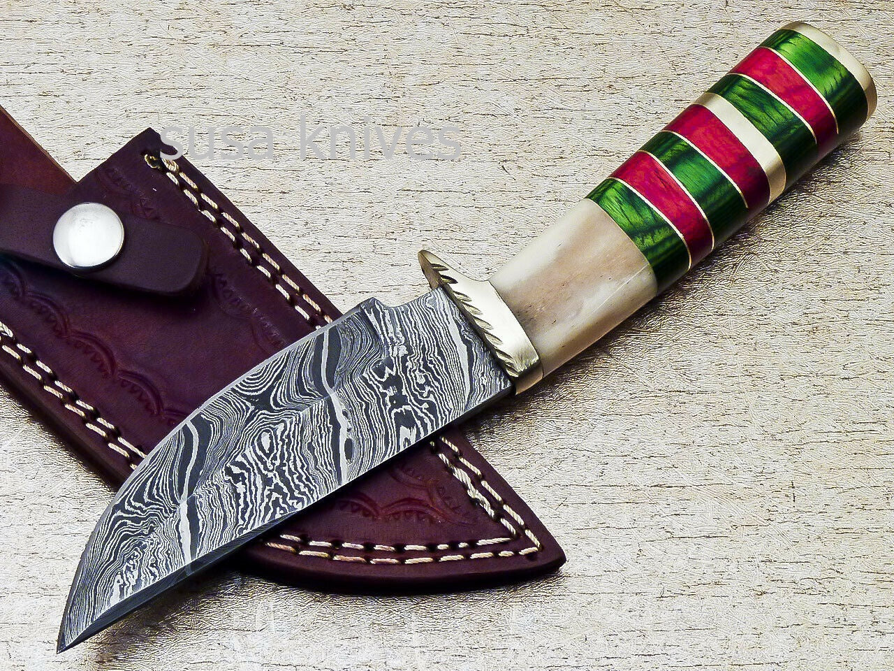 HANDMADE DAMASCUS 8.0" HUNTING KNIFE WITH CAMEL BONE HANDLE - SUSA KNIVES