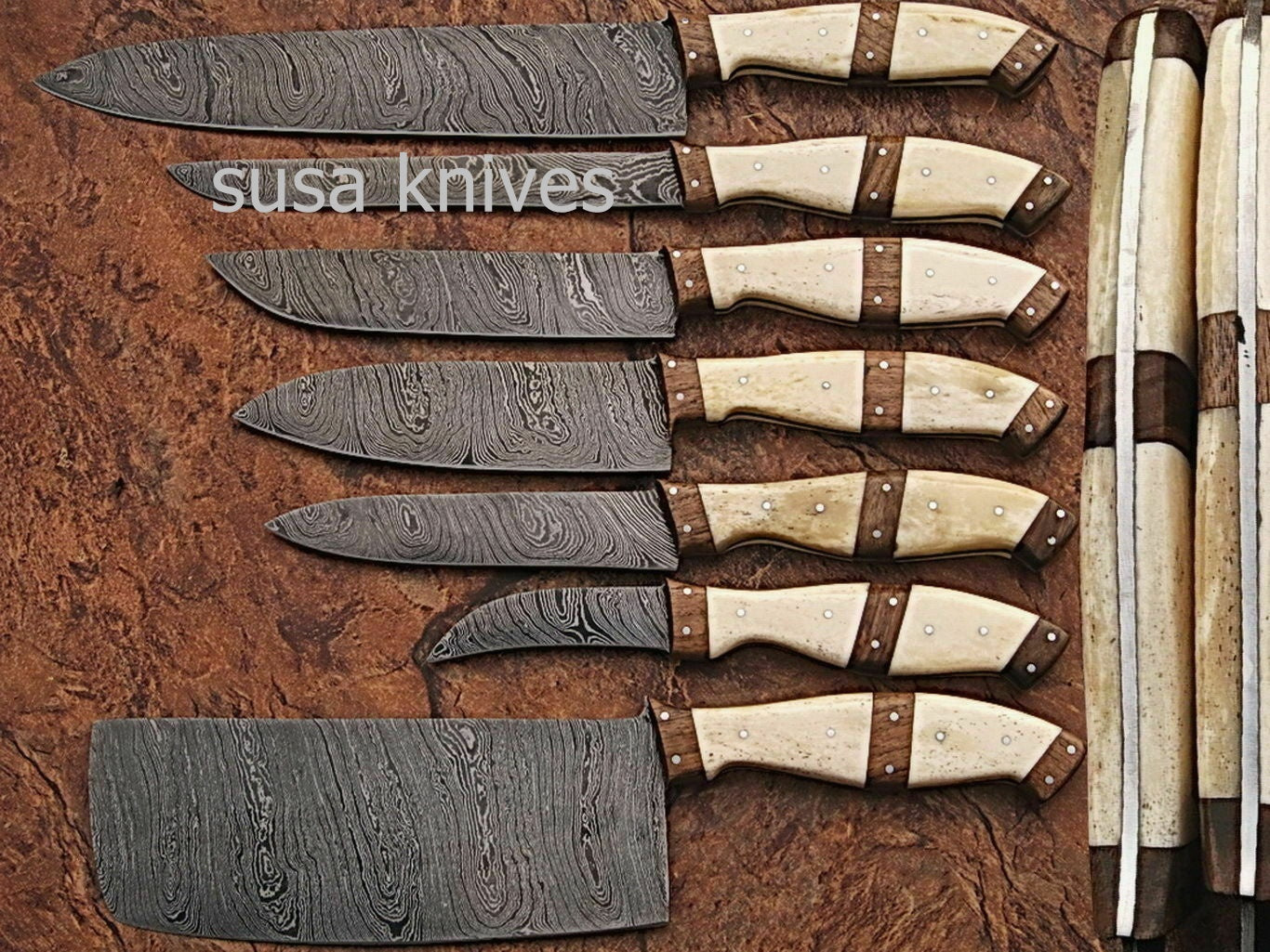 CUSTOM MADE DAMASCUS BLADE KITCHEN/CHEF KNIFE 07 PC'S SET - SUSA KNIVES