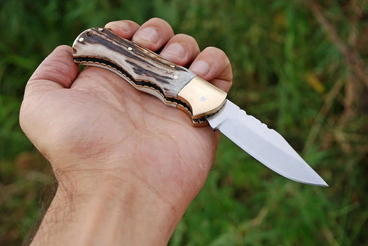 HAND FORGED D2 STEEL BackLock Folding Knife W/Stag & Brass Bolster Handle - SUSA KNIVES