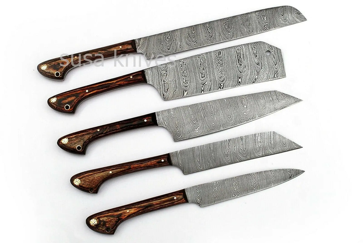 Custom Handmade Damascus Kitchen Knife Chef Knives Set -Brown- 5pcs. - SUSA KNIVES