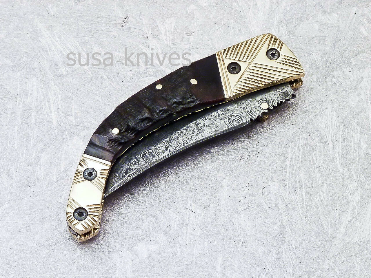 SUPERB CUSTOM HANDMADE DAMASCUS STEEL POCKET FOLDING KNIFE LINER LOCK - SUSA KNIVES