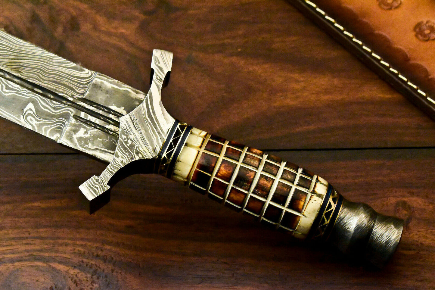 Custom Handmade Damascus Sword Dagger Double Edge Knife - SUSA KNIVES