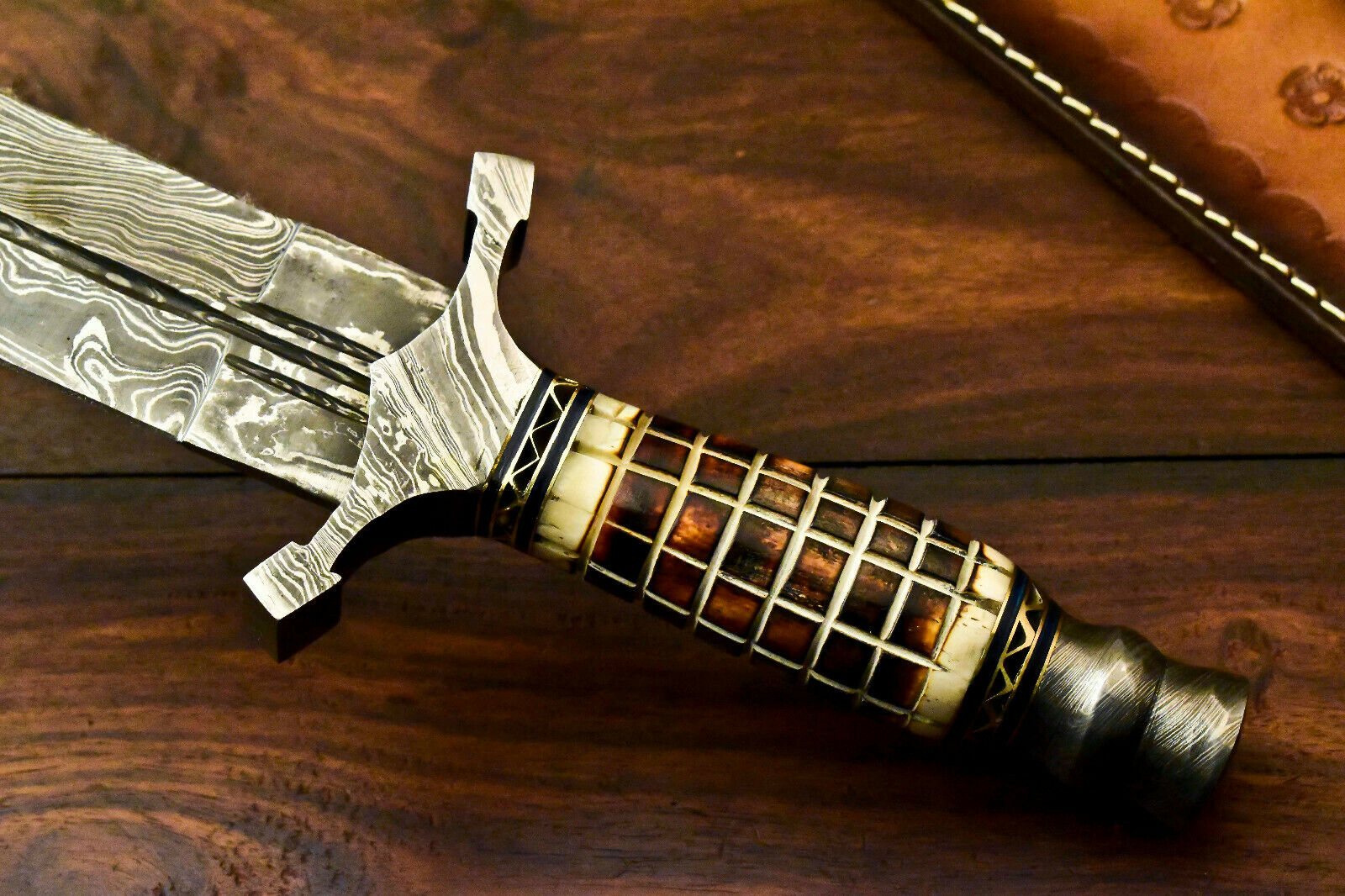 Custom Handmade Damascus Sword Dagger Double Edge Knife - SUSA KNIVES