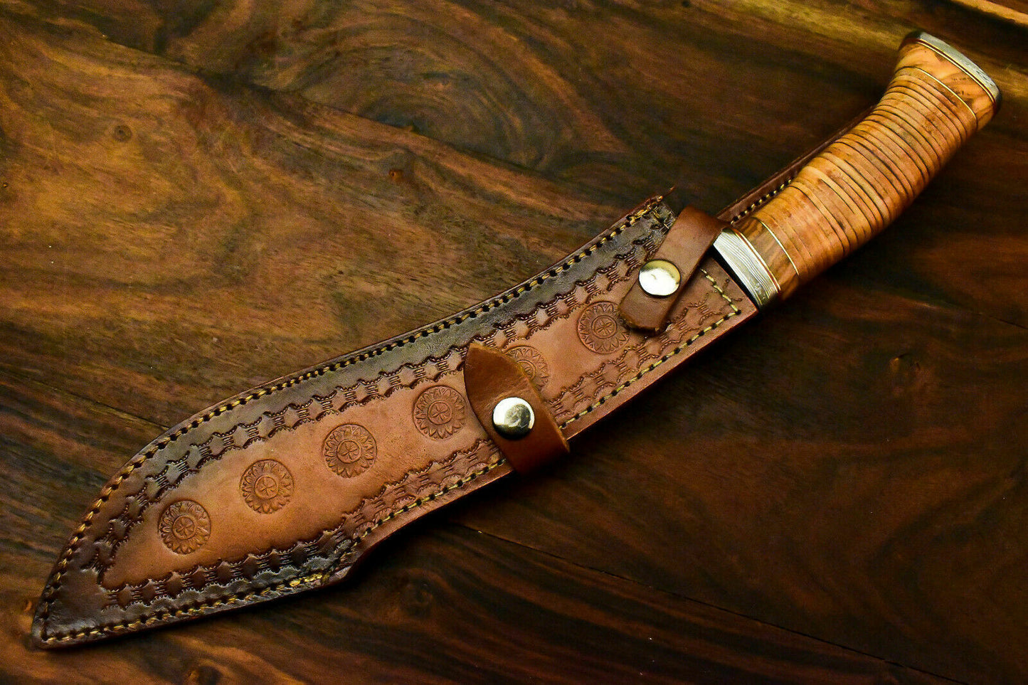 Custom Handmade Damascus Steel Bowie Knife | Sheath | Leather Roll Handle - SUSA KNIVES