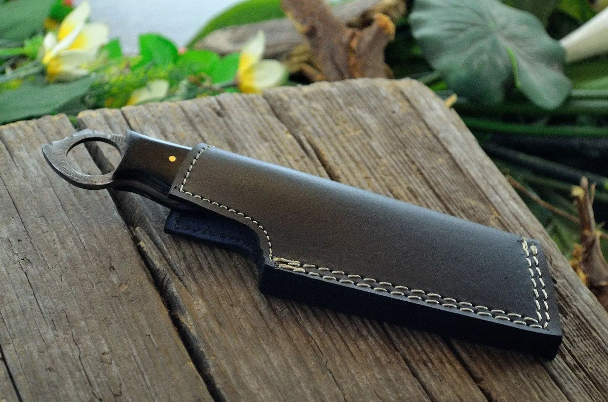CUSTOM MADE MINI POCKET CLEAVER HUNTING KNIFE FORGED DAMASCUS STEEL WITH SHEATH - SUSA KNIVES