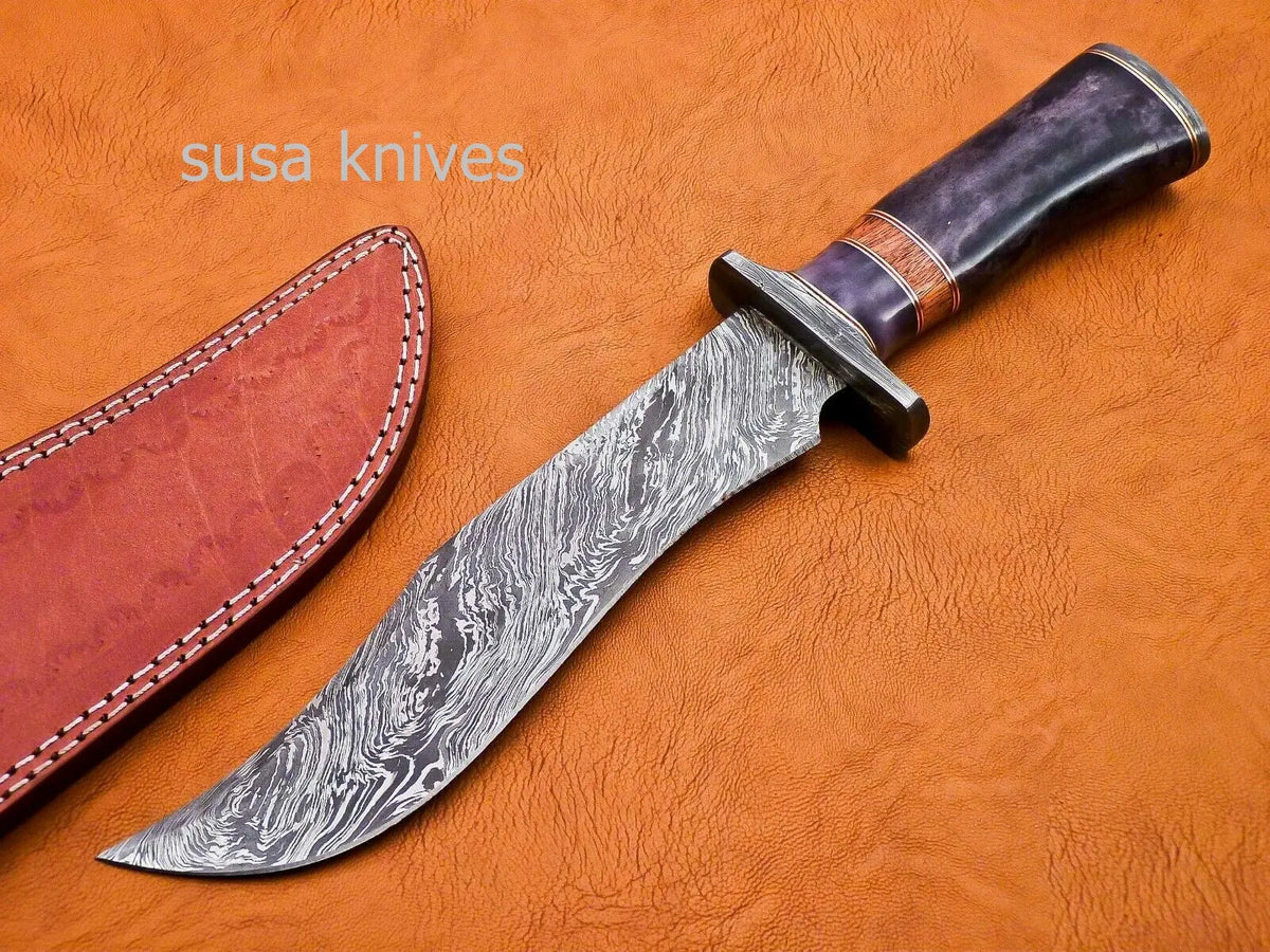 Handmade Damascus Steel Bowie Knive - Cammel Bone & Rose Wood Handle - SUSA KNIVES