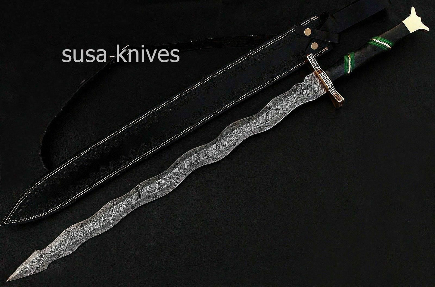 Custom Handmade New Damascus Steel Viking Snake Style Sword, Micarta Handle - SUSA KNIVES