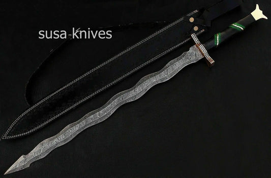 Custom Handmade New Damascus Steel Viking Snake Style Sword, Micarta Handle - SUSA KNIVES