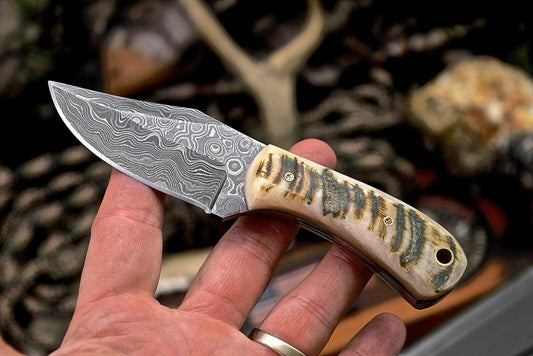 Handmade Raindrop Damascus Custom Sheep Horn Small Skinning Hunting Knife - SUSA KNIVES