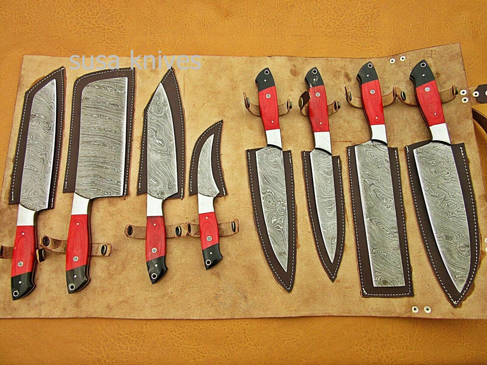 CUSTOM HANDMADE DAMASCUS STEEL CHEF SET/KITCHEN 8 PCS ROSEWOOD ,BUFFALO HORN - SUSA KNIVES