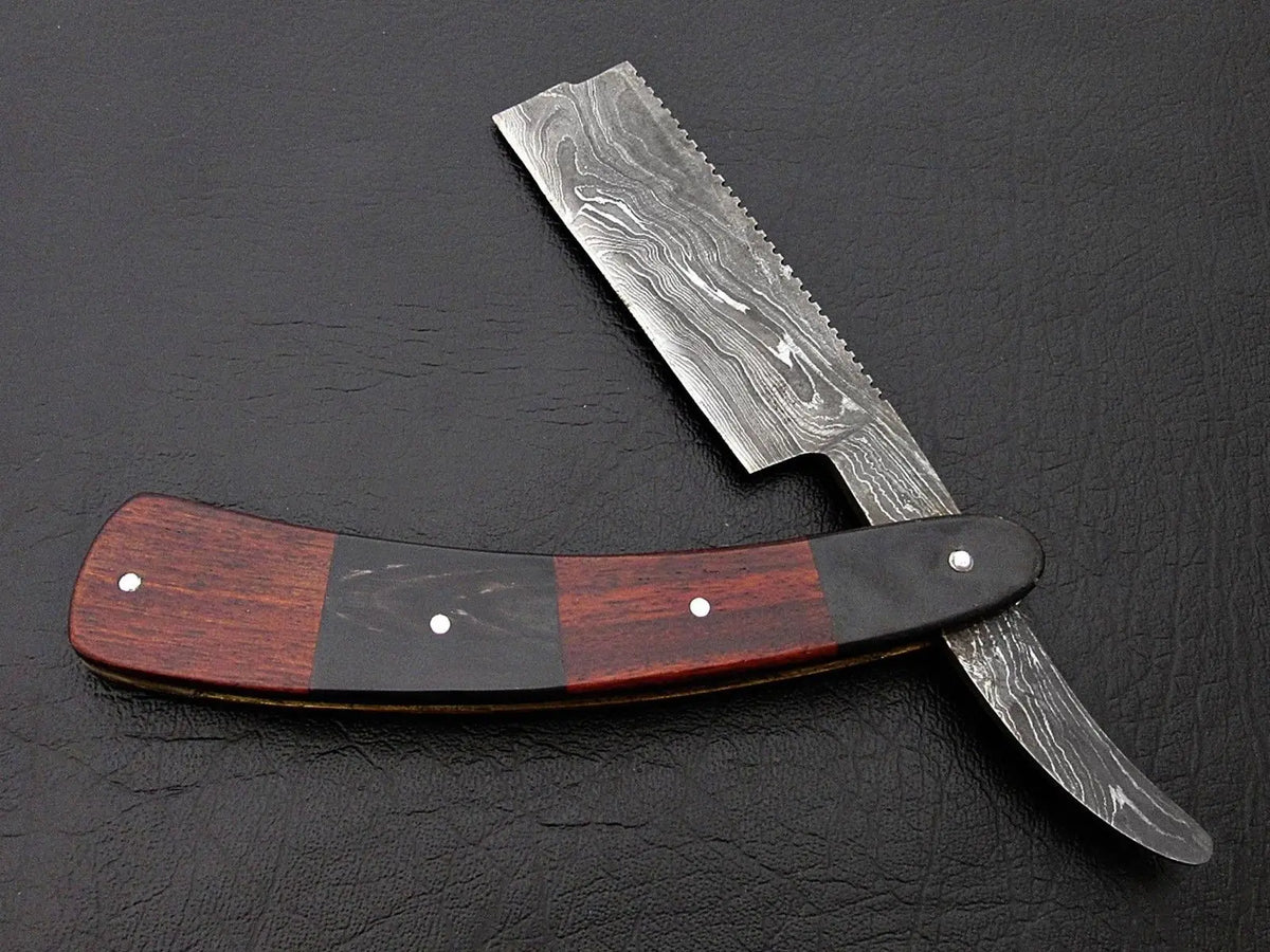 BEAUTIFUL CUSTOM HANDMADE DAMASCUS SHAVING RAZOR HANDLE ROSE WOOD & BULL HORN - SUSA KNIVES