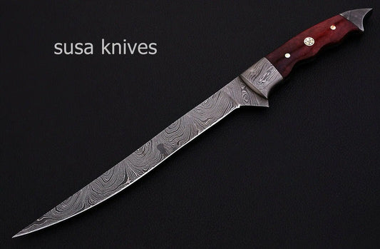 CUSTOM HANDMADE DAMASCUS STEEL KITCHEN/FILET KNIFE WITH LEATHER - SUSA KNIVES