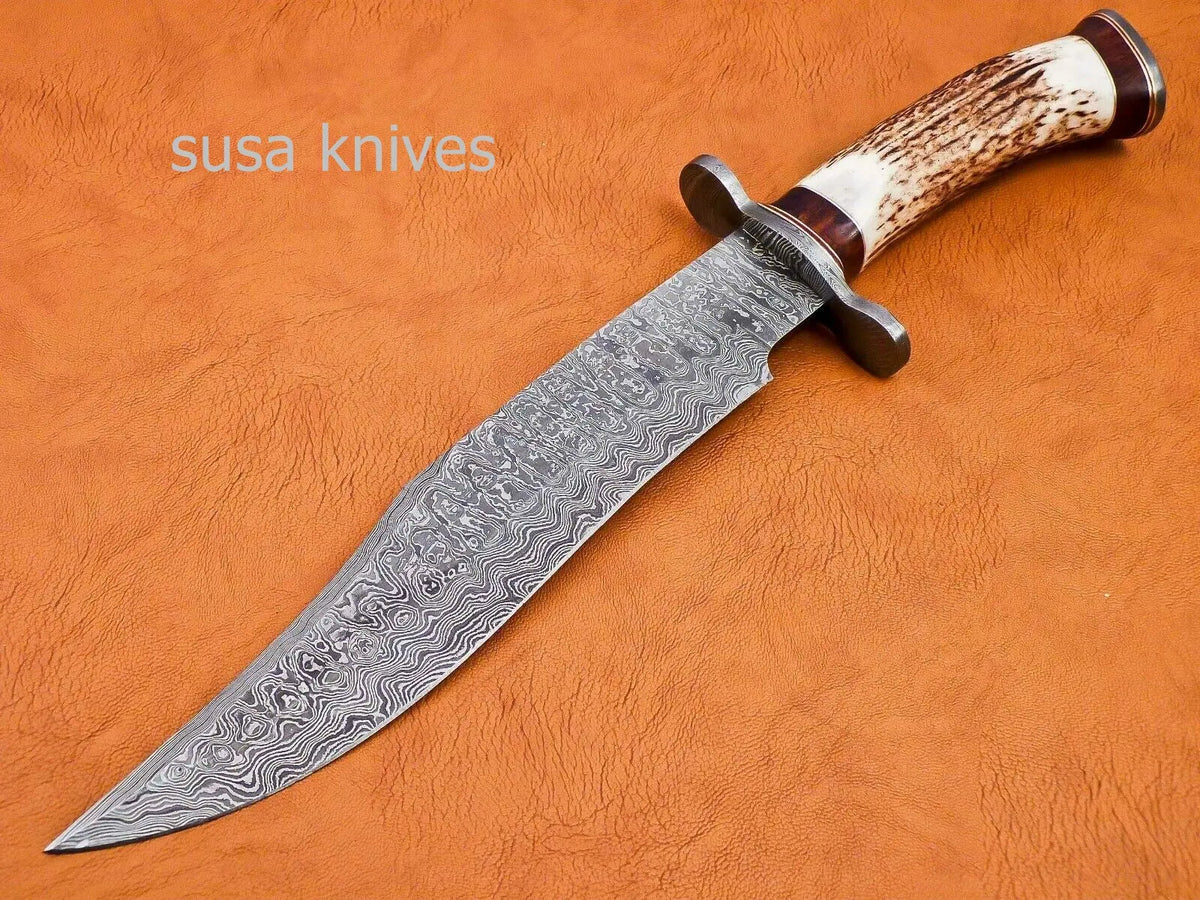 Handmade Damascus Steel Bowie Knive - Stag & Rose Wood Handle - SUSA KNIVES
