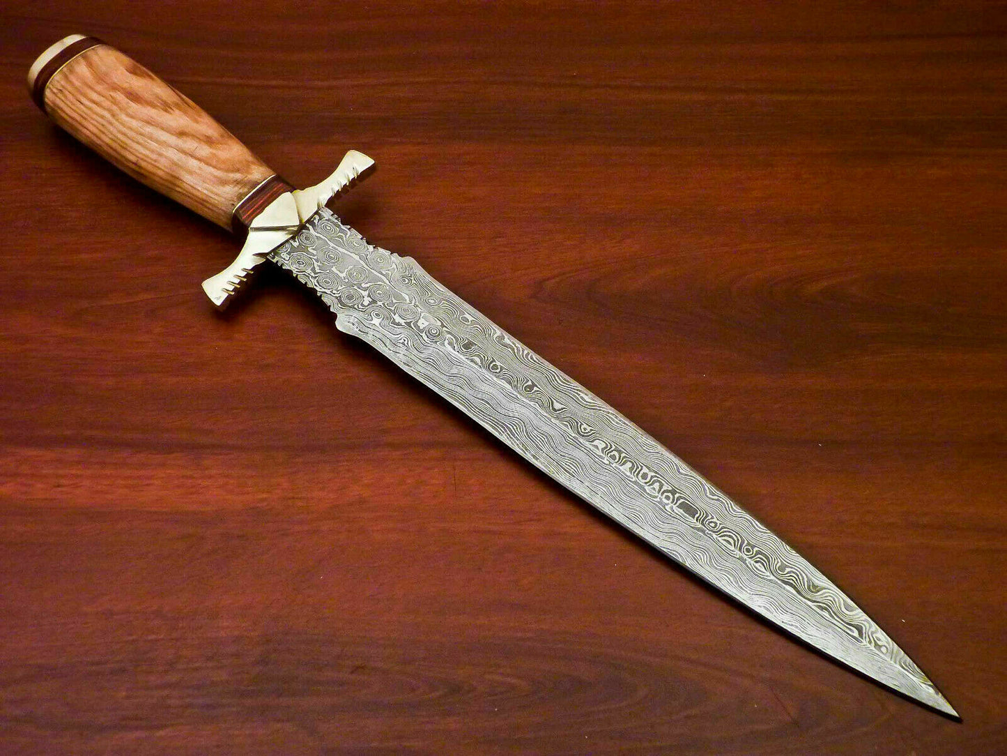 Custom Handmade Damascus Steel Dagger Knife | Sheath | Natural Olive Wood Handle - SUSA KNIVES