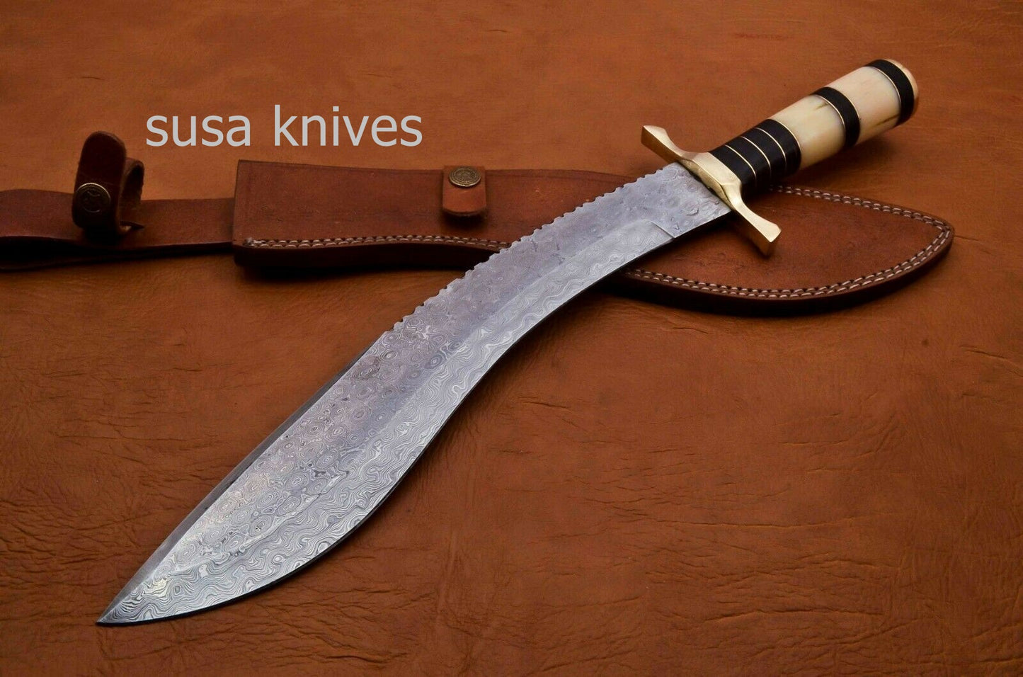 Handmade Damascus Steel Bowie Knive - Camel Bone & Micarta Handle - SUSA KNIVES