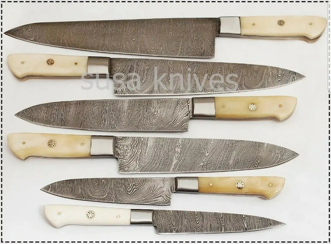 Custom Handmade Damascus Steel Beautiful 6 Pcs. Kitchen Knives Set-Bone - SUSA KNIVES