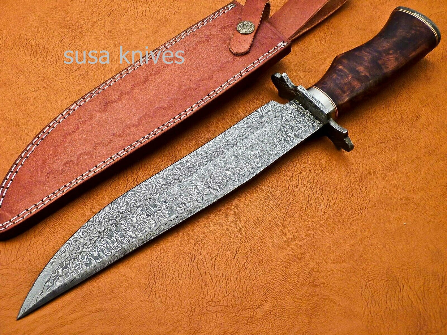 Handmade Damascus Steel Bowie Knive - Rose Wood Handle - SUSA KNIVES