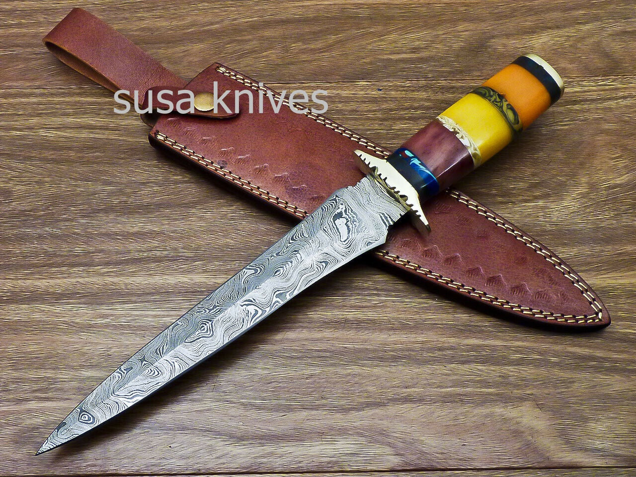 Stunning CUSTOM HAND FORGED DAMASCUS DAGGER HUNTING KNIFE CAMEL BONE - SUSA KNIVES