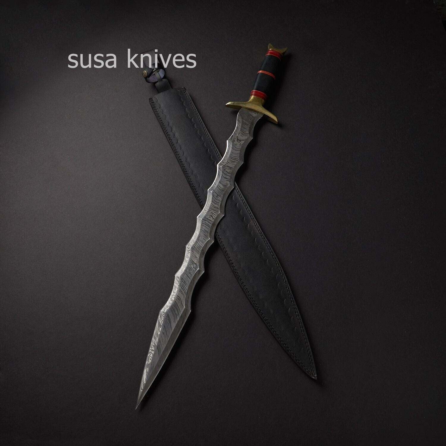 CUSTOM HANDMADE 28.5inches DAMASCUS STEEL KRIS BLADE SWORD WITH LEATHER SHEATH - SUSA KNIVES