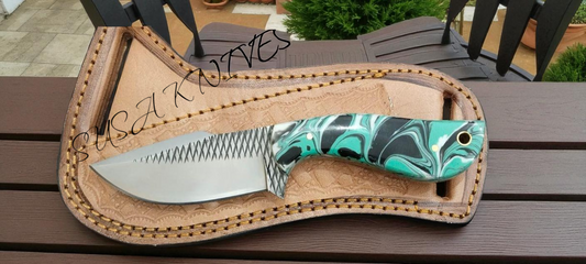 Handmade Fixed Blade Pointed Cowboy Skinner/Hunting Knife with Leather Sheath, Farrier Rasp Steel Razor Sharp Blade and RESIN Handle for Hunting, Bushcrafting, Camping and Hiking