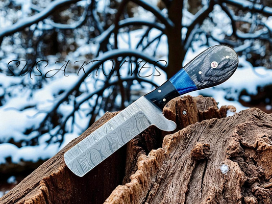 8" Handmade Damascus Bull Cutter Knife with Leather Sheath - Western Cowboy knife for Hunting, Skinning, Camping, and outdoor activities- Full Tang EDC knife with sheath