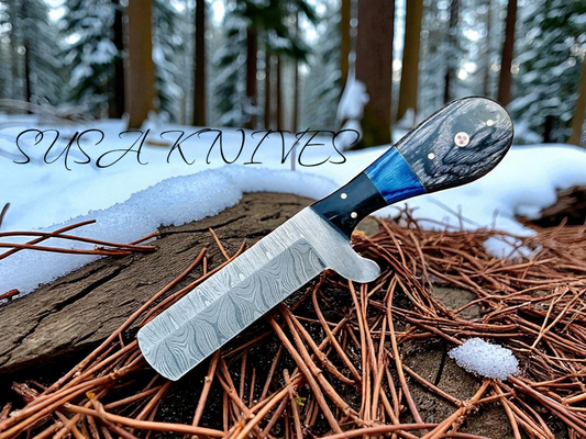 8" Handmade Damascus Bull Cutter Knife with Leather Sheath - Western Cowboy knife for Hunting, Skinning, Camping, and outdoor activities- Full Tang EDC knife with sheath