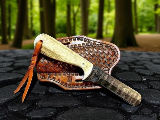 Custom Bull Cutter Knife for Sale - 7.5-Inch Full Tang Damascus Forged Steel Blade, Bone Handle, Leather Sheath susa knives