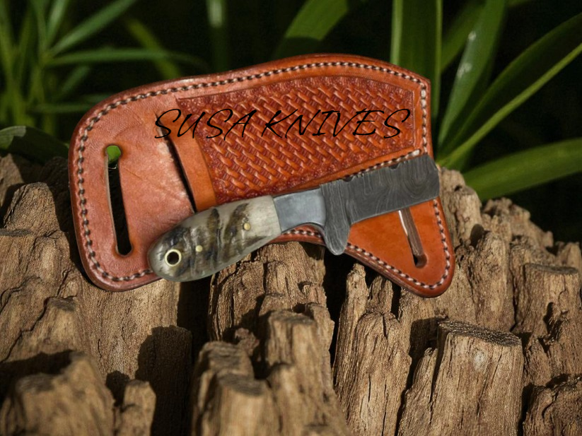 Custom Bull Cutter Knife for Sale - 7.5-Inch Full Tang Damascus Forged Steel Blade, Bone Handle, Leather Sheath susa knives